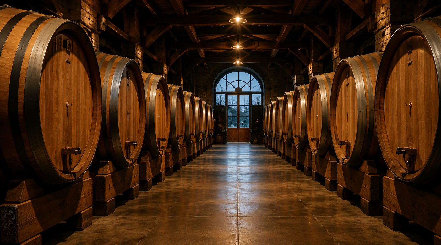 Oak barrels inside a Mendoza wine cellar