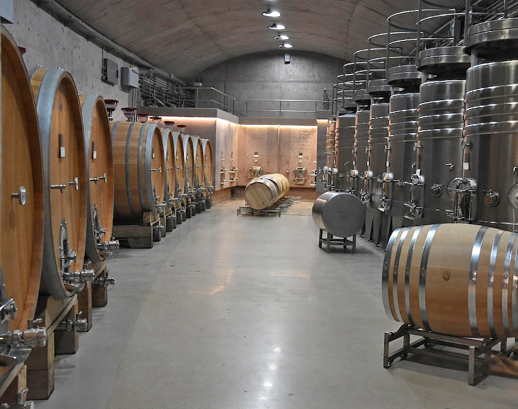 Oak barrels inside a Mendoza wine cellar